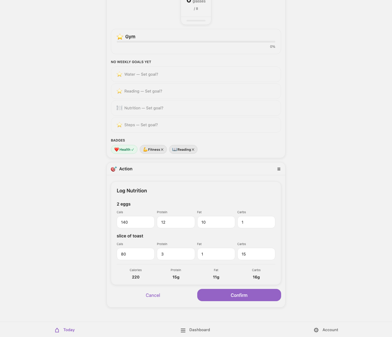 RoutineMe natural-language meal logging